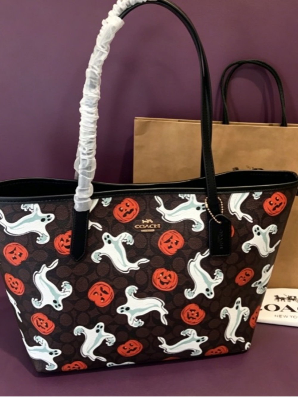 Coach Brown Tote with White Ghosts and Orange Pumpkins